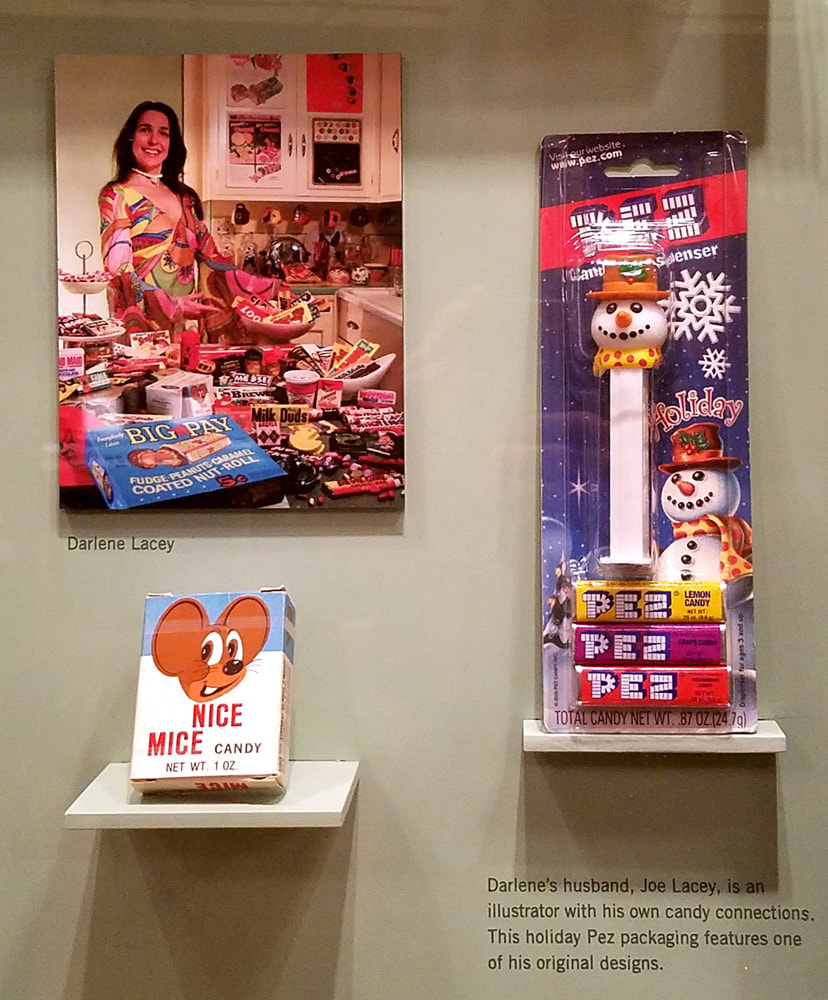 The Getty Gallery / Los Angeles Central Library Candy Wrapper Museum display: Darlene Lacey, Nice Mice, and Holiday PEZ.