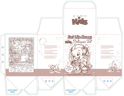 Pencil sketch layout for girl's pedicure set. AVON • Just Like Mommy /Just Like Daddy children’s bath products for boys and girls. Package art and character design by illustrator Joe Lacey.