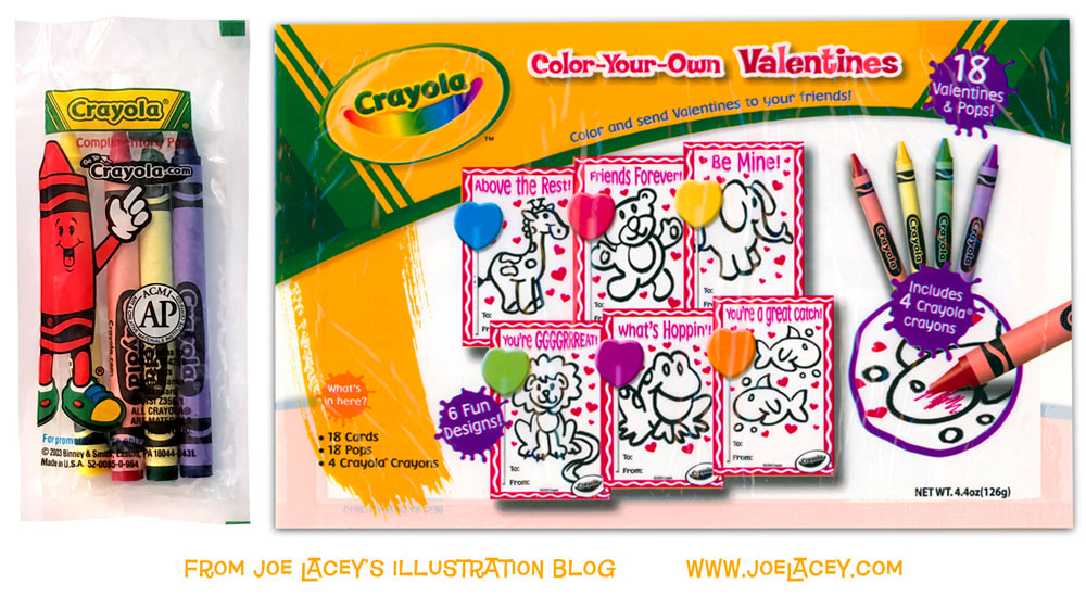 Crayola Color Your Own Valentines 2009 cello bag with lollipops and crayonsby illustrator Joe Lacey
