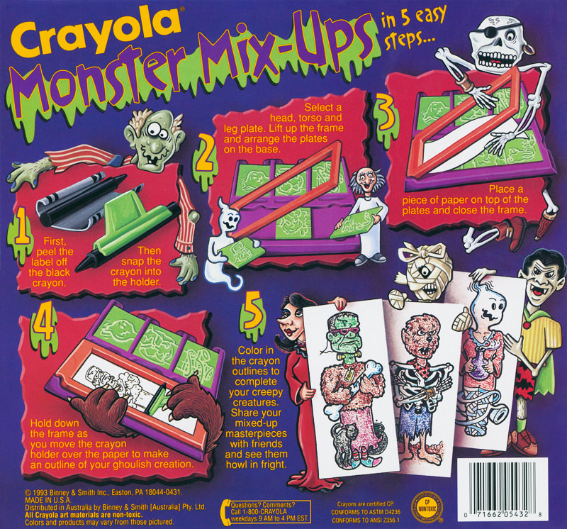 Crayola Monster Mix-Ups rubbing plates toy by illustrator Joe Lacey. Back of box packaing.