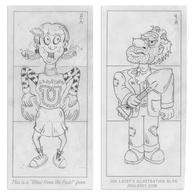 Crayola Monster Mix-Ups rubbing plates character design sketches of a zombie cheerleader and a gravedigger by illustrator Joe Lacey.