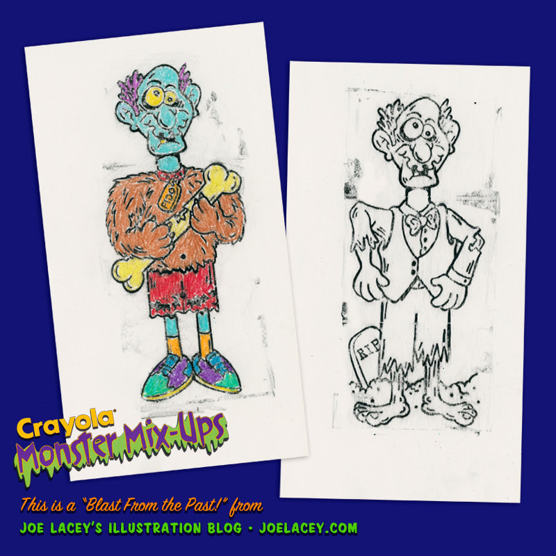 Crayola Monster Mix-Ups rubbing plates toy by illustrator Joe Lacey. Crayon colored children's drawing of zombie and wolfman.