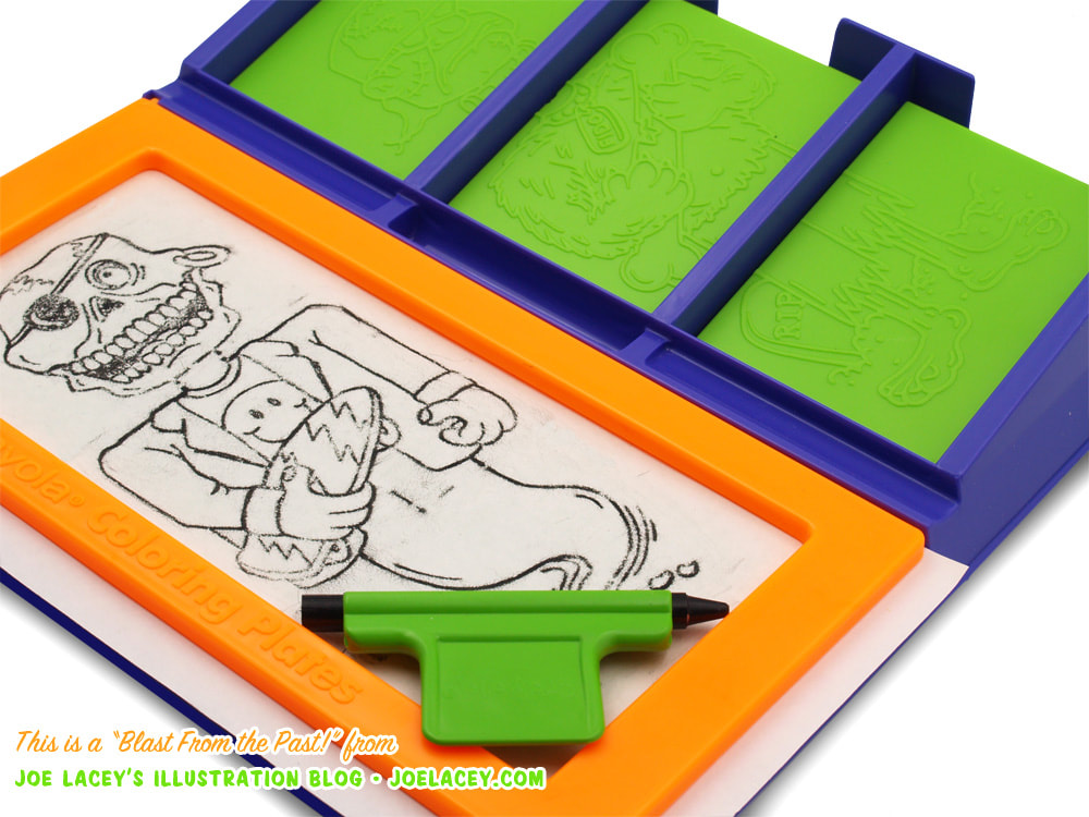 Crayola Monster Mix-Ups rubbing plates toy by illustrator Joe Lacey with skeleton ghost holding a skateboard and wearing a 