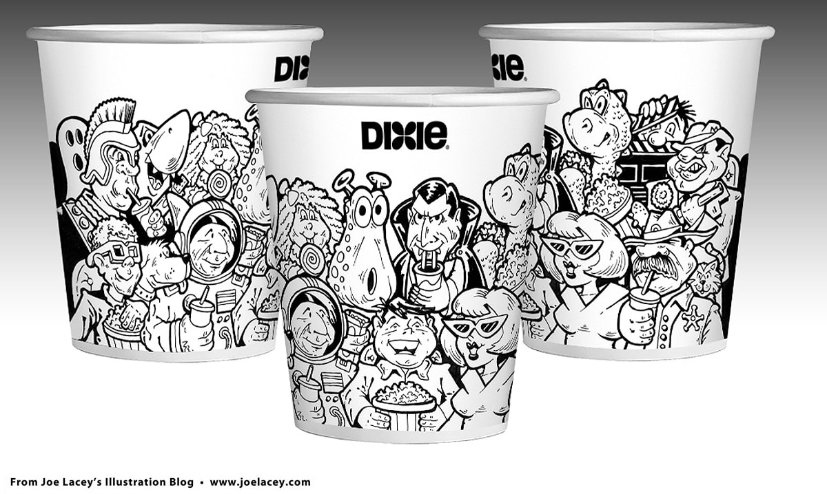 Movie theater paper cup design and illustration for Dixie Cup by illustrator Joe Lacey.