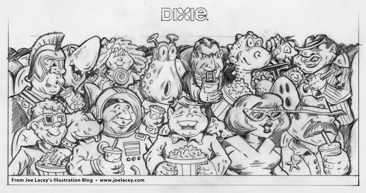 Pencil sketch for Dixie Cup movie theater design. This version shows all the characters looking toward the right. I changed this in the inking to have them looking toward the center, because the art was a wrap-around. Illustrated by Joe Lacey.