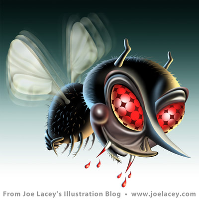 Black flies artwork / editorial illustration for Yankee Magazine by Joe Lacey. Black fly with red eyes. ©Joe Lacey