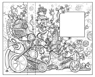 The second of three tight pencil sketches I made for this book cover. the new heads and characters were done on overlays. THE WACKY WHAT'S-IT MACHINE illustrated by Joe Lacey for Harcourt Education Book Publishers. © Joe Lacey