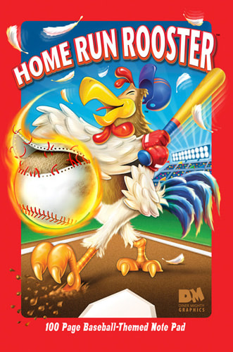 Home Run Rooster 100 page lined notebook with baseball terms and pictures from start to finish.