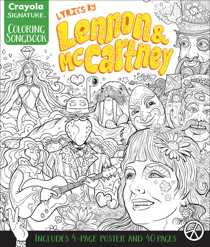 My first layout of the "Lyrics by John Lennon & McCartney Coloring Songbook". Four of the images used for this comp were inked as final art. The rest of the images, Prudence, Lucy, Strawberry Man, Guitar Player, and small elements were rough sketches for placement. Art by Joe Lacey