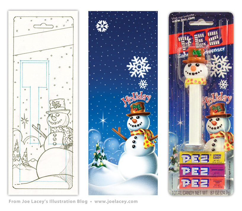 PEZ Holiday package art. Original pencil sketch, digital art, and final product packaging by illustrator Joe Lacey.Picture
