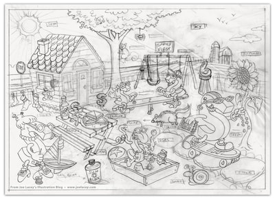 The first pencil sketch. "S" Family's Spring Day. Sesame Street Magazine. Illustration by Joe Lacey for the Children's Television Workshop.