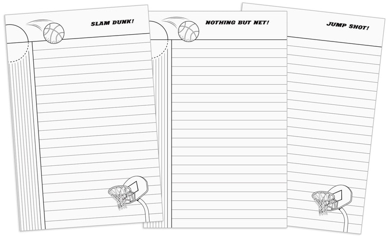 Slam Dunk Dog 100 page lined notebook with basketball terms and pictures from start to finish.