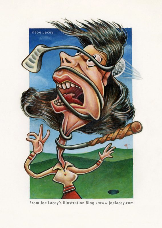 Humorous illustration of woman being hit in the head with a golf club and golf ball.