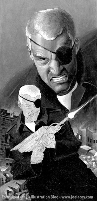 Evil Spy Toy Box acrylic tonal study. Spy Guy painting for toy packaging / pulp magazine cover by illustrator Joe Lacey.