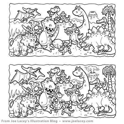 Crayola Kids Magazine activity game “What’s Different” dinosaurs by illustrator Joe Lacey. Ink on vellum.