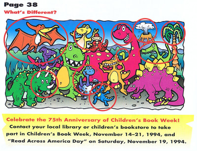 Crayola Kids Magazine activity game “What’s Different” dinosaurs by illustrator Joe Lacey. Answer key.