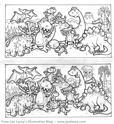 Crayola Kids Magazine activity game “What’s Different” dinosaurs by illustrator Joe Lacey. Tight pencil sketch.