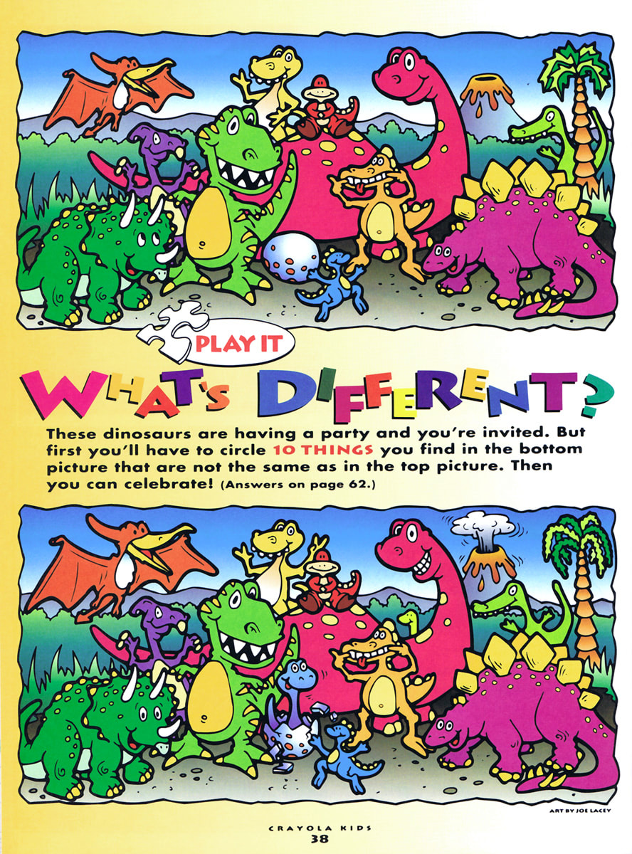 Crayola Kids Magazine activity game “What’s Different” dinosaurs by illustrator Joe Lacey.