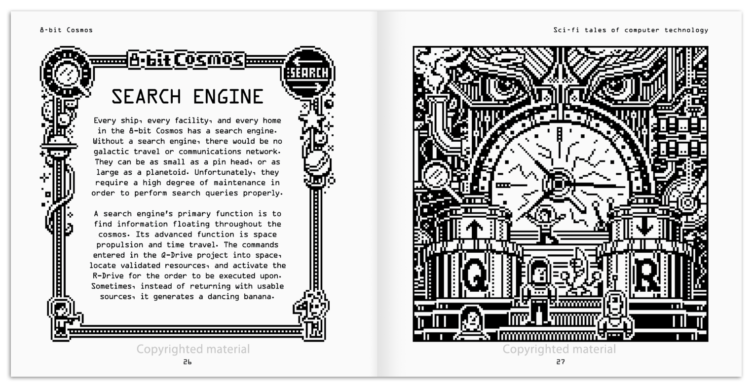 A two page story with pixel art illustrations of the Search Engine and a dancing banana used for space and time travel. From the book 