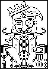 8bit pixel art of author and illustrator Joe Lacey. Pixel art depicts a man with a long curled mustache and goatee wearing a crown and a monocle. He is dressed in 19th century royal attire with medals and epaulettes.
