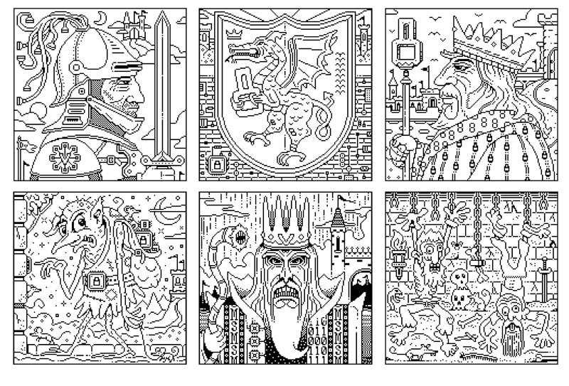 Coloring book page samples from 8-bit Kingdom Medieval tales of computer technology coloring book by Joe Lacey. Images of Sir Verr - the knight who never sleeps, dragon shield, King Octavious the 8th, goblins, the Malware Monarch, and dungeon with spooky kooky men.