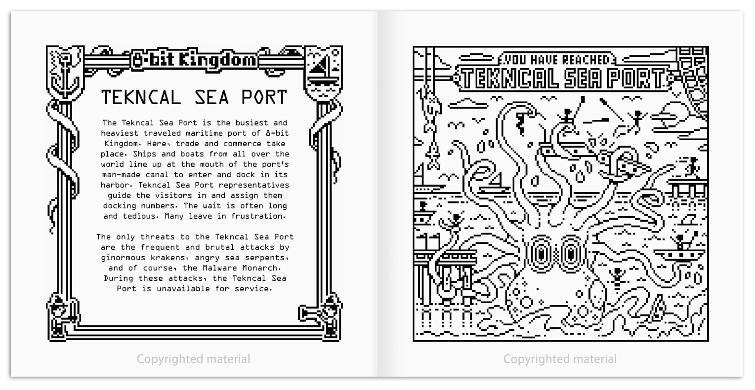 Coloring book page sample from 8-bit Kingdom Medieval tales of computer technology coloring book by Joe Lacey. Giant octopus attacking the sea port, Tekncal Sea Port.