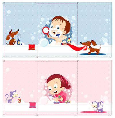 Vector art created in Adobe Illustrator used as color guide and painting base. AVON • Just Like Mommy /Just Like Daddy children’s bath products for boys and girls. Package art and character design by illustrator Joe Lacey.