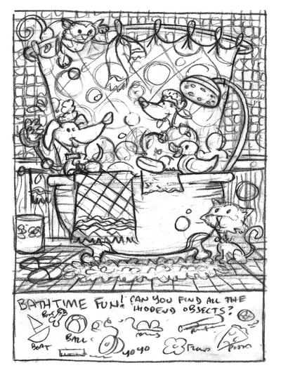 Rough pencil sketch for side packaging of  AVON • Just Like Mommy /Just Like Daddy children’s bath products for boys and girls. Package art and character design by illustrator Joe Lacey.
