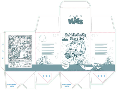 Pencil sketch layout for boy's grooming kit. AVON • Just Like Mommy /Just Like Daddy children’s bath products for boys and girls. Package art and character design by illustrator Joe Lacey.