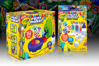 Package illustration and design of cartoon gears and factory devises used on entire product line of  Crayola Marker Maker, Melt ’n Mold Factory, Paint Maker, Spin Art Maker, and expansion packs.