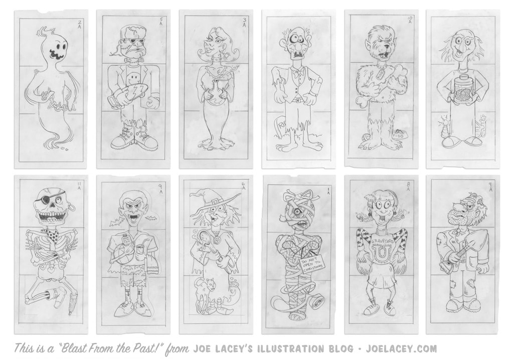 Crayola Monster Mix-Ups rubbing plates character design sketches by illustrator Joe Lacey. ghost, Frankenstein, Morticia, zombie, Wolfman, mad scientist, pirate skeleton, Dracula, witch, mummy, zombie cheerleader, gravedigger