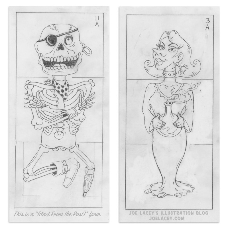 Crayola Monster Mix-Ups rubbing plates character design sketches of a pirate skeleton and Morticia by illustrator Joe Lacey.