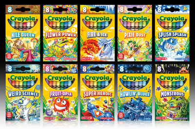 CRAYOLA • Pick Your Pack. Illustration and design over 40 crayon boxes and supporting products. Target exclusive. Illustrations by Joe Lacey. Nile Queen, Flower Power, Fire & Ice, Pixie Dust, Splish Splash, Weird Science, Fruit-opia, Super Heroic, Howlin' Blues, Monstrous.