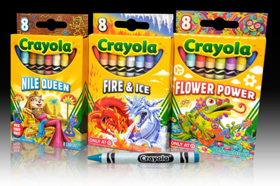CRAYOLA • Pick Your Pack. Illustration and design over 40 crayon boxes and supporting products. Target exclusive. Illustratons by Joe Lacey. Nile Queen, Fire & Ice, Flower Power.