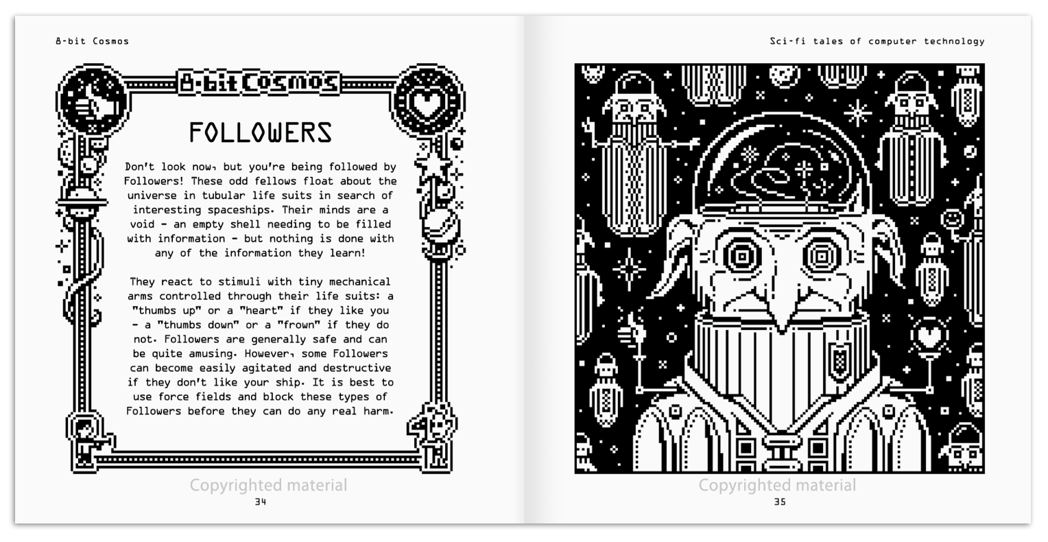 A two page story with pixel art illustrations of the Followers who are weird aliens with clear empty dome heads. From the book 