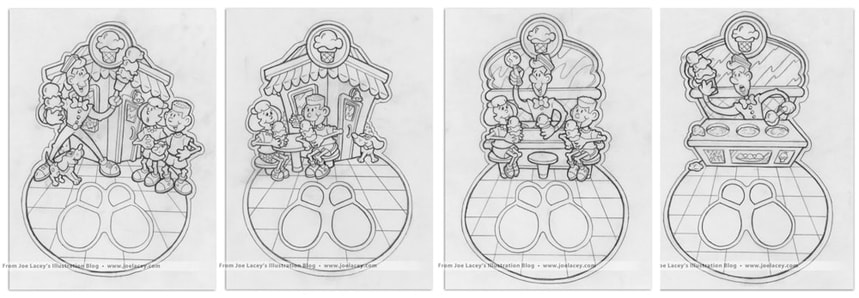 Fisher-Price Games: Shiverin Scoops preliminary sketches. Fisher-Price Games: Shiverin' Scoops designed and illustrated by Joe Lacey.