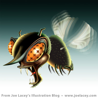 Black flies artwork / editorial illustration for Yankee Magazine by Joe Lacey. Black fly with orange eyes. ©Joe Lacey