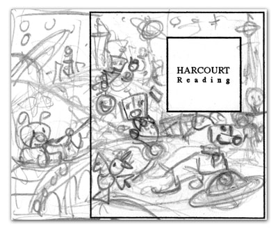 One of several fast thumbnail sketches I made to help figure out the basic design of the book cover. ROBOTS illustrated by Joe Lacey for Harcourt Education Book Publishers. © Joe Lacey