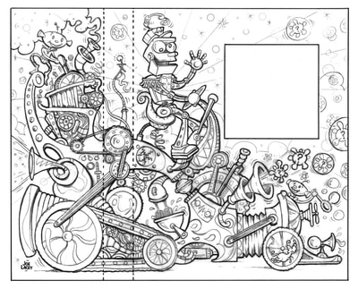The first of three tight pencil sketches I made for this book cover. THE WACKY WHAT'S-IT MACHINE illustrated by Joe Lacey for Harcourt Education Book Publishers. © Joe Lacey