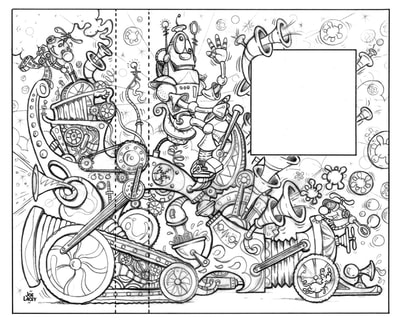 The final tight pencil sketches I made for this book cover. the new heads and characters were done on overlays. THE WACKY WHAT'S-IT MACHINE illustrated by Joe Lacey for Harcourt Education Book Publishers. © Joe Lacey