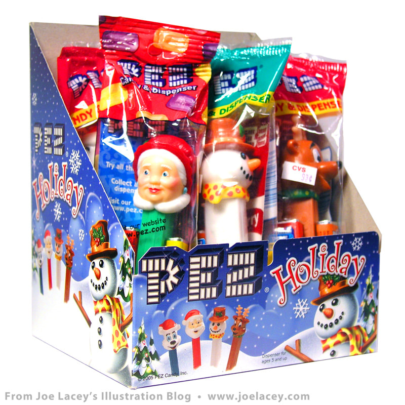 PEZ Holiday counter display illustrated by Joe Lacey.
