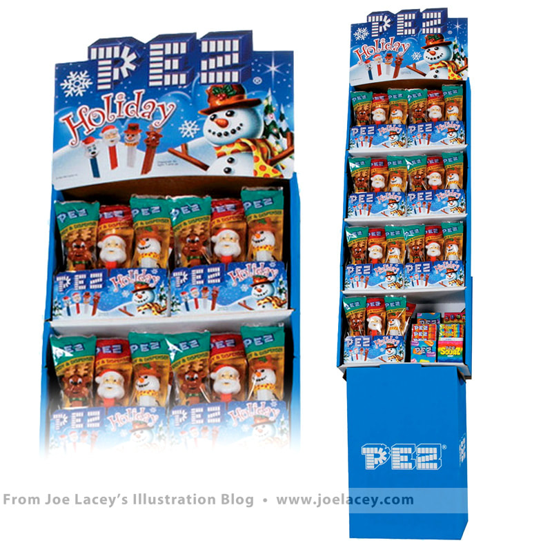 PEZ Holiday POP display and riser card illustrated by Joe Lacey.