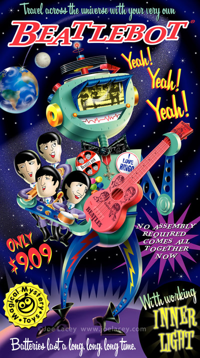BEATLEBOT • ©Joe Lacey. Robot illustration of the Beatles. NEMS toys. Toy packaging.