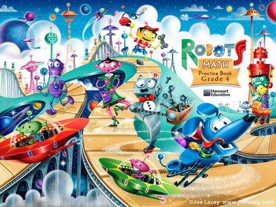 ROBOTS • Digital illustration. School textbook cover. Wacky world of robots. Kid chasing robot dog. UFO spaceships. Aliens. Harcourt Education. © Joe Lacey