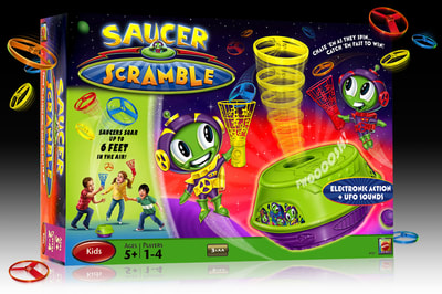 MATTEL • Saucer Scramble. Package & logo art, character design and product support by illustrator Joe Lacey. Toy design, character development. UFO, space aliens, cartoons, flying suacer.