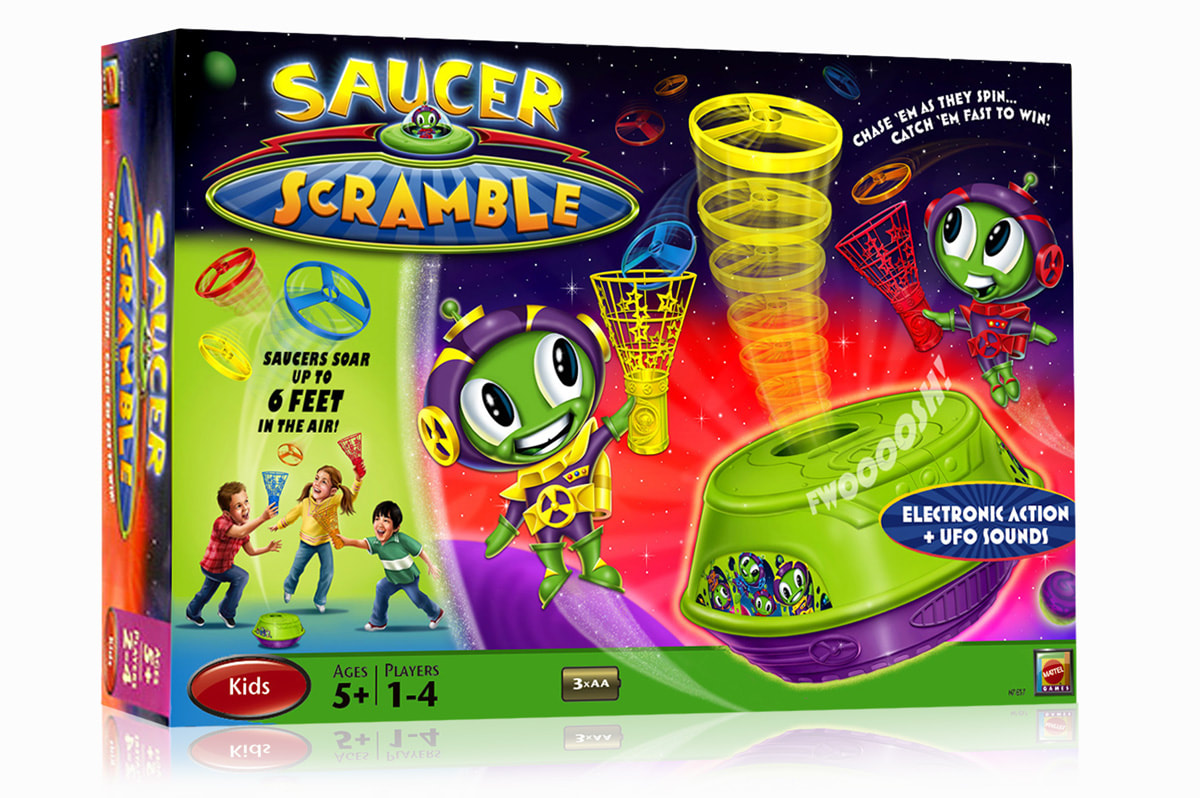MATTEL Saucer Scramble. Package art,  logo art and character design.  Designed and illustrated by Joe Lacey.