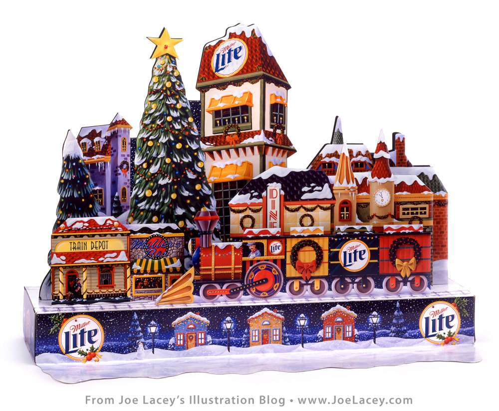 Miller Lite Christmas Village beer display painting by illustrator Joe Lacey