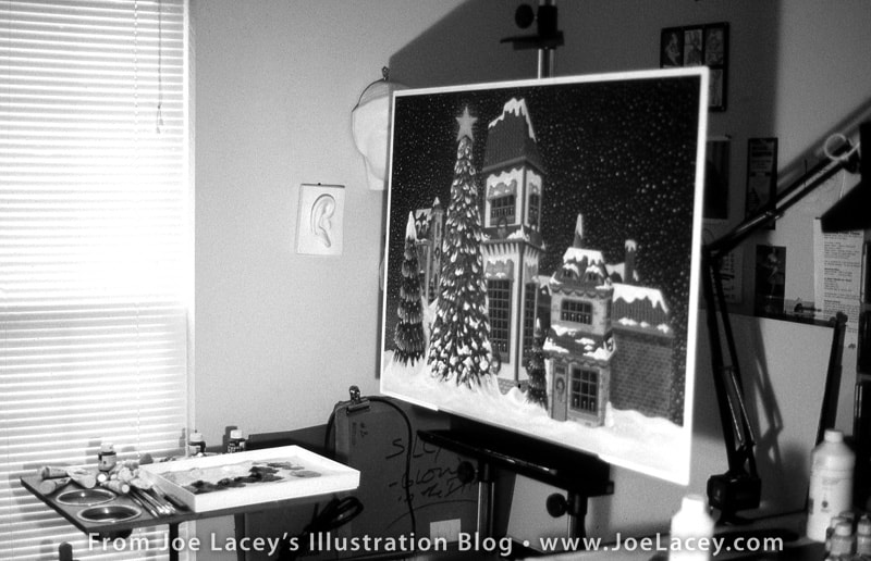 Miller Lite Christmas Village city scape background painting by illustrator Joe Lacey.