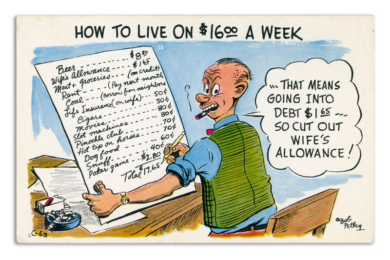 A Bob Petley Laff Card postcard. "How to live on $16.00 a week". Man writing down a spending budget and cutting his wife's allowance.