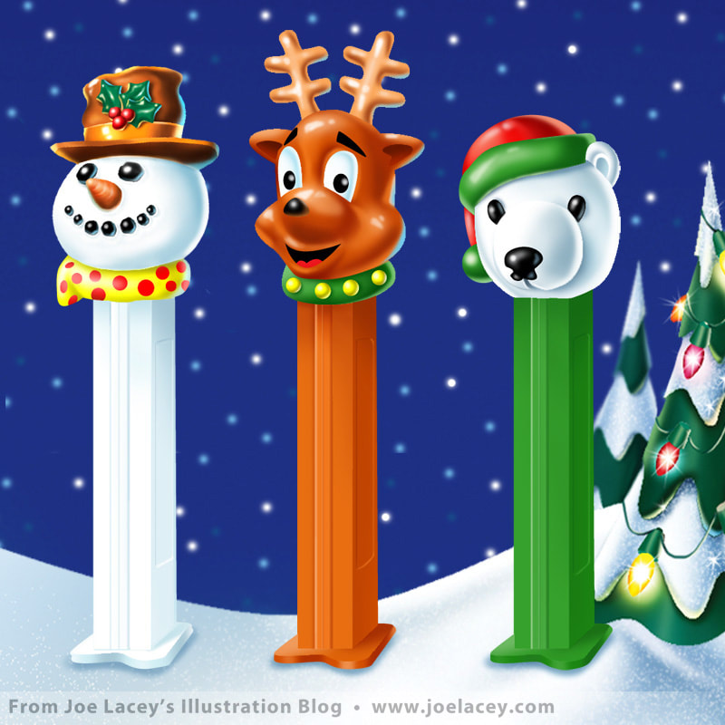 PEZ Holiday dispensers digitally illustrated by Joe Lacey.